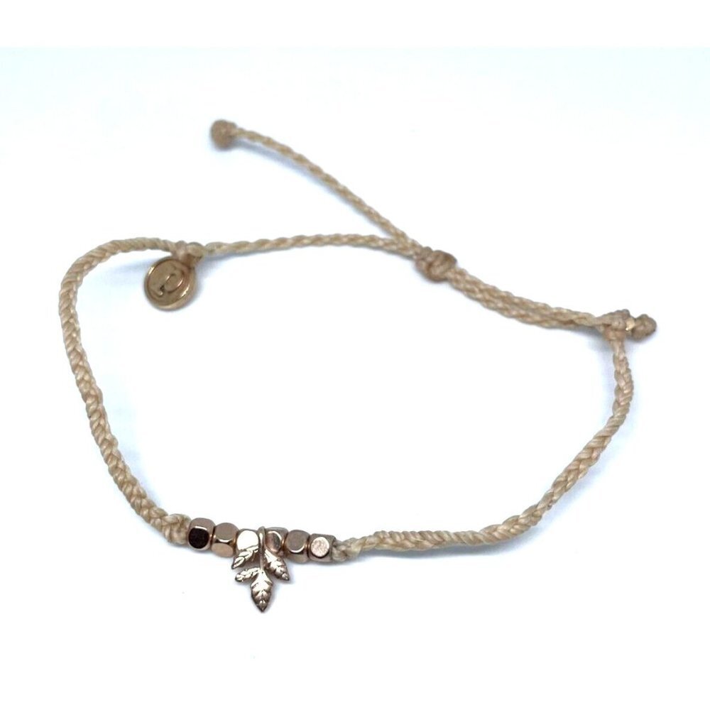 Pura Vida Leaf Charm Beige Braided Cord Bracelet Knot Closure Adjustable